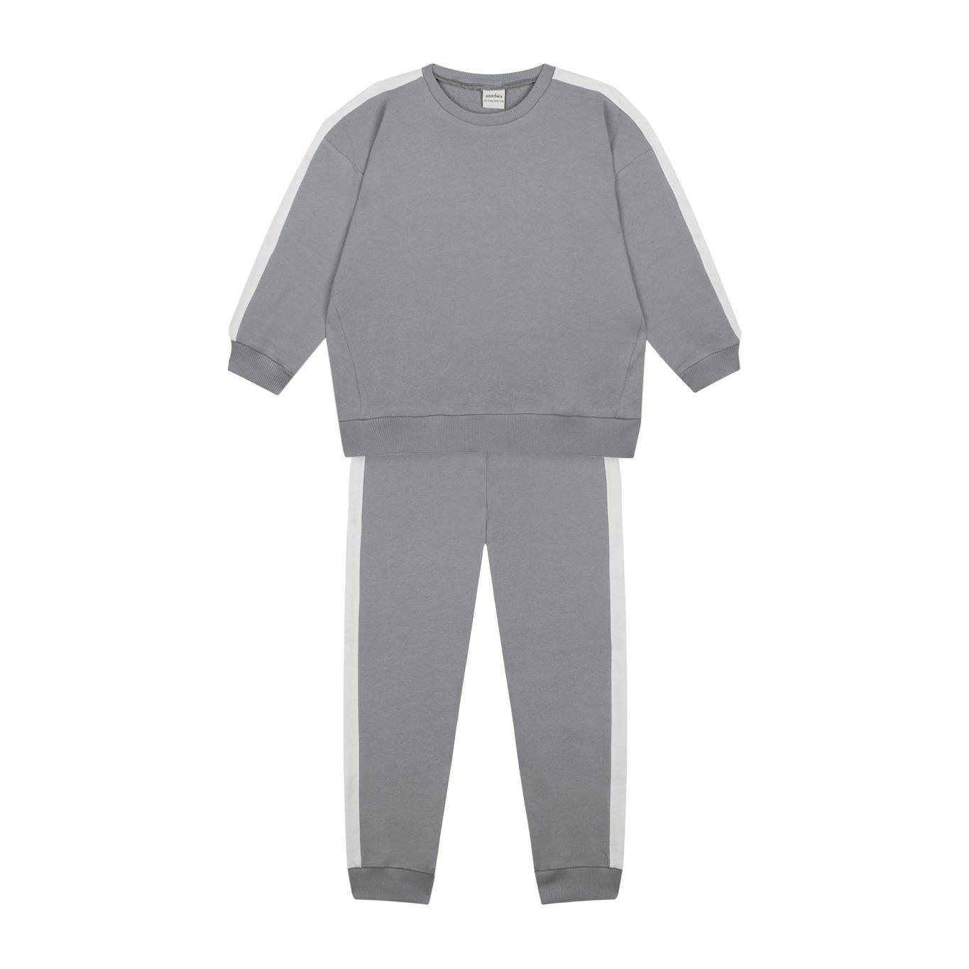White Contrast Gray Sweatshirt and Trousers Set
