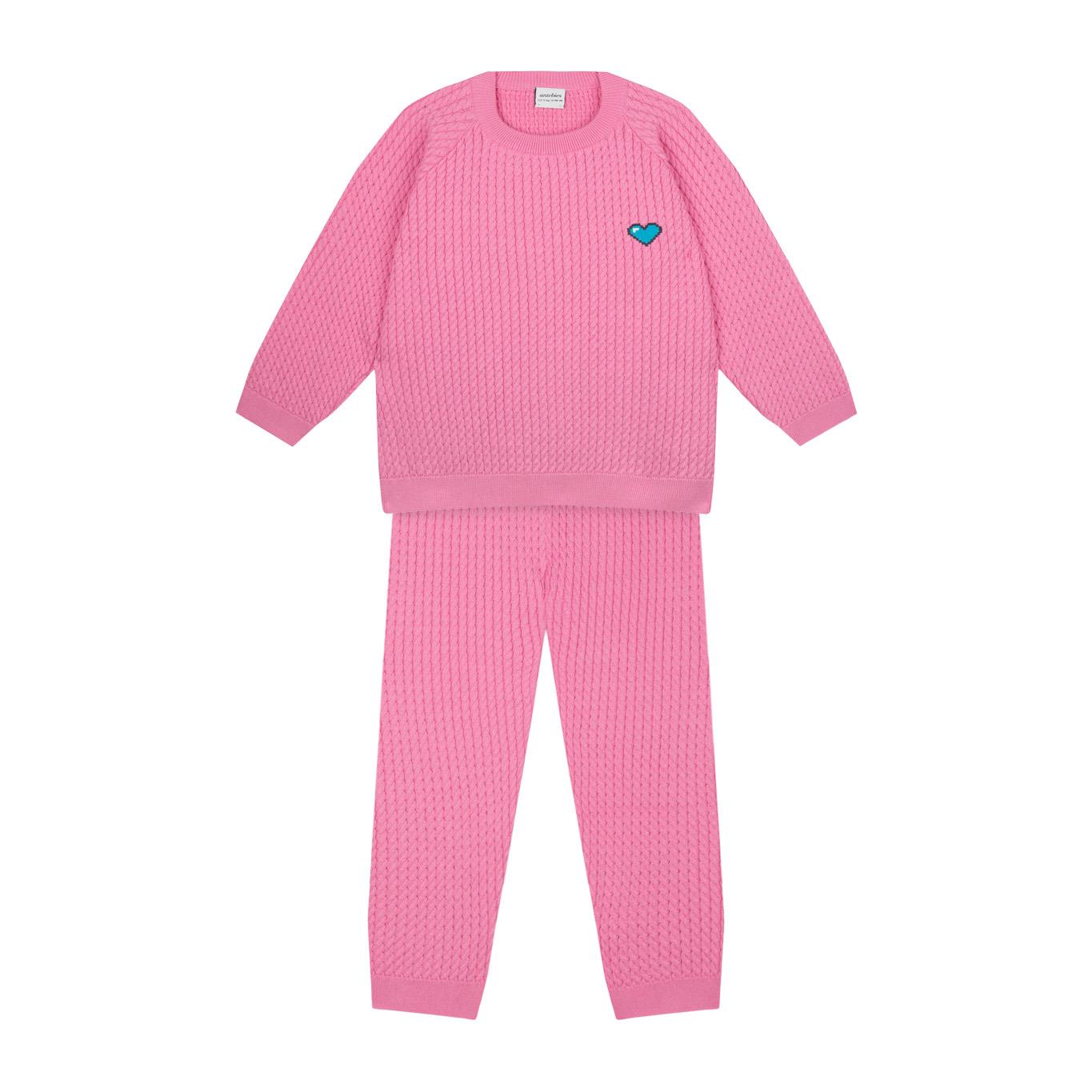 Heart Embroidered Pink Herringbone Sweater and Trousers Set