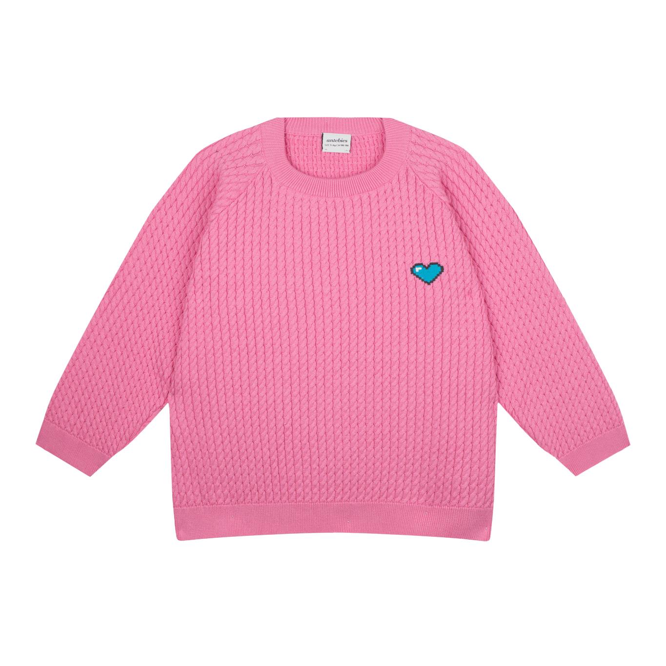 Heart Embroidered Pink Herringbone Sweater and Trousers Set