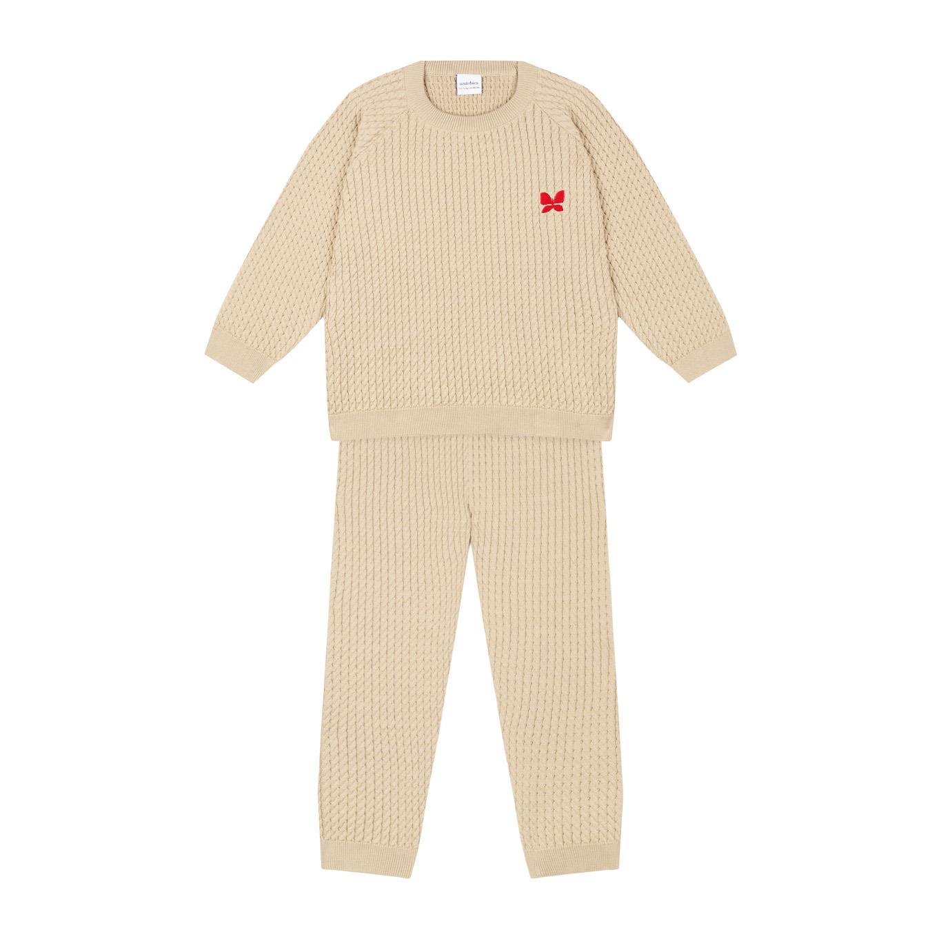 Butterfly Embroidered Beige Herringbone Sweater and Trousers S