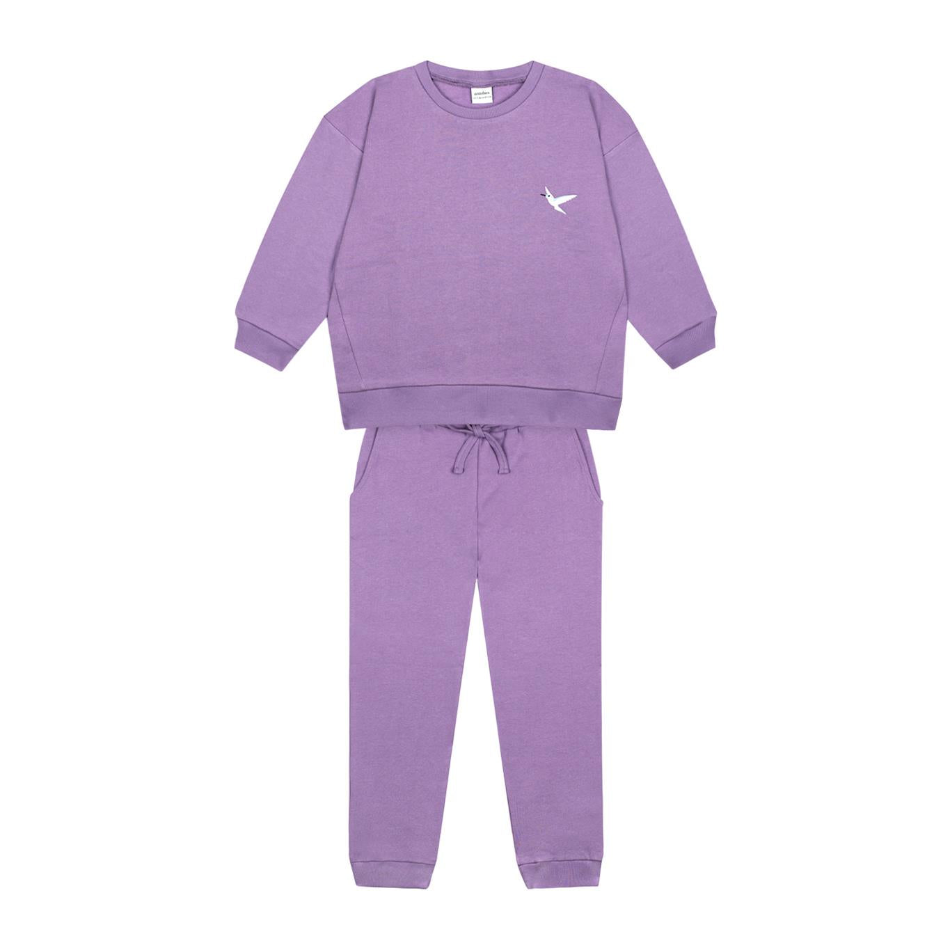 Bird Embroidered Purple Futter Tracksuit Set