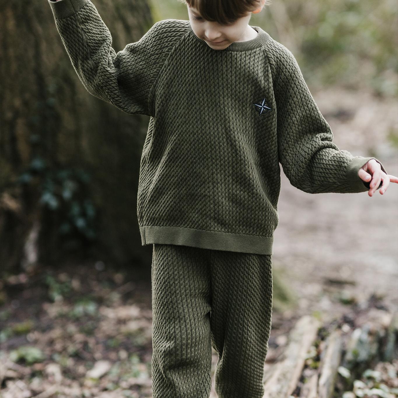 Compass Embroidered Khaki Herringbone Sweater and Trousers S
