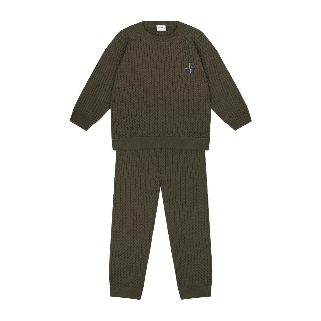 Compass Embroidered Khaki Herringbone Sweater and Trousers S