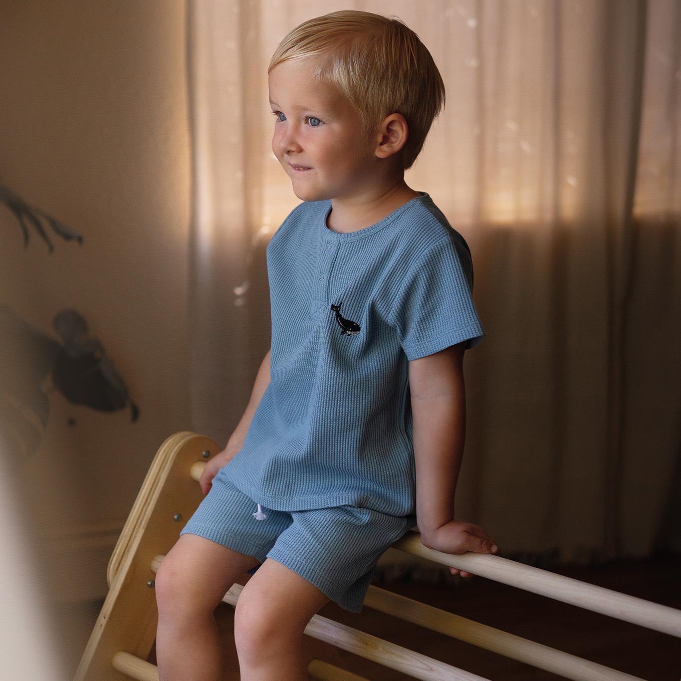 Whale Embroidery Blue Waffle Shorts Set