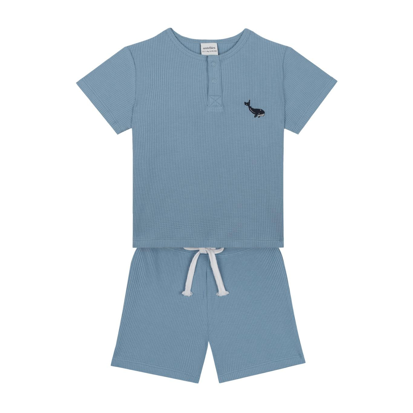 Whale Embroidery Blue Waffle Shorts Set