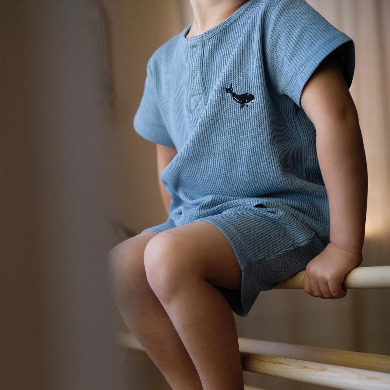 Whale Embroidery Blue Waffle Shorts Set