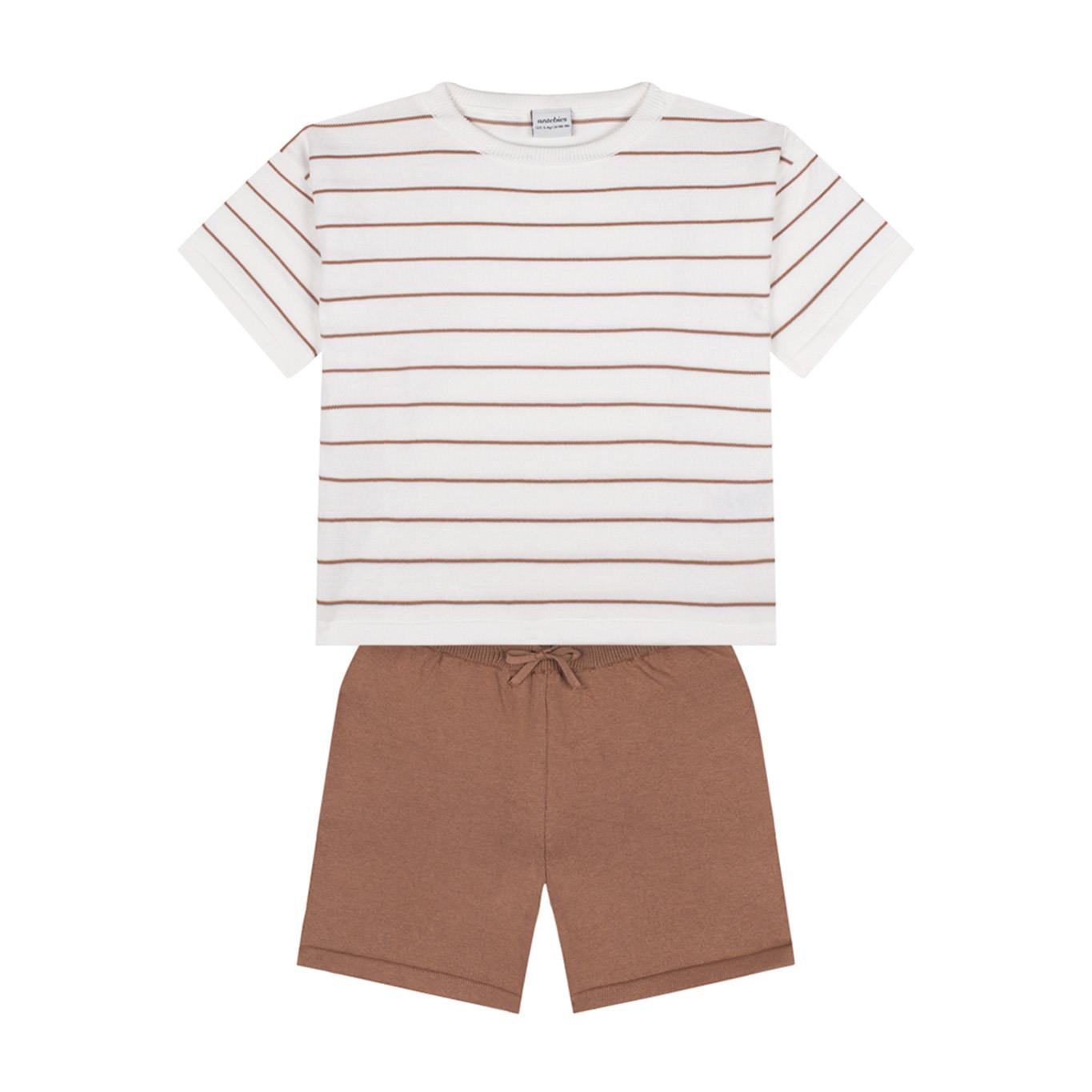 Beige Striped Knitwear Shorts Set
