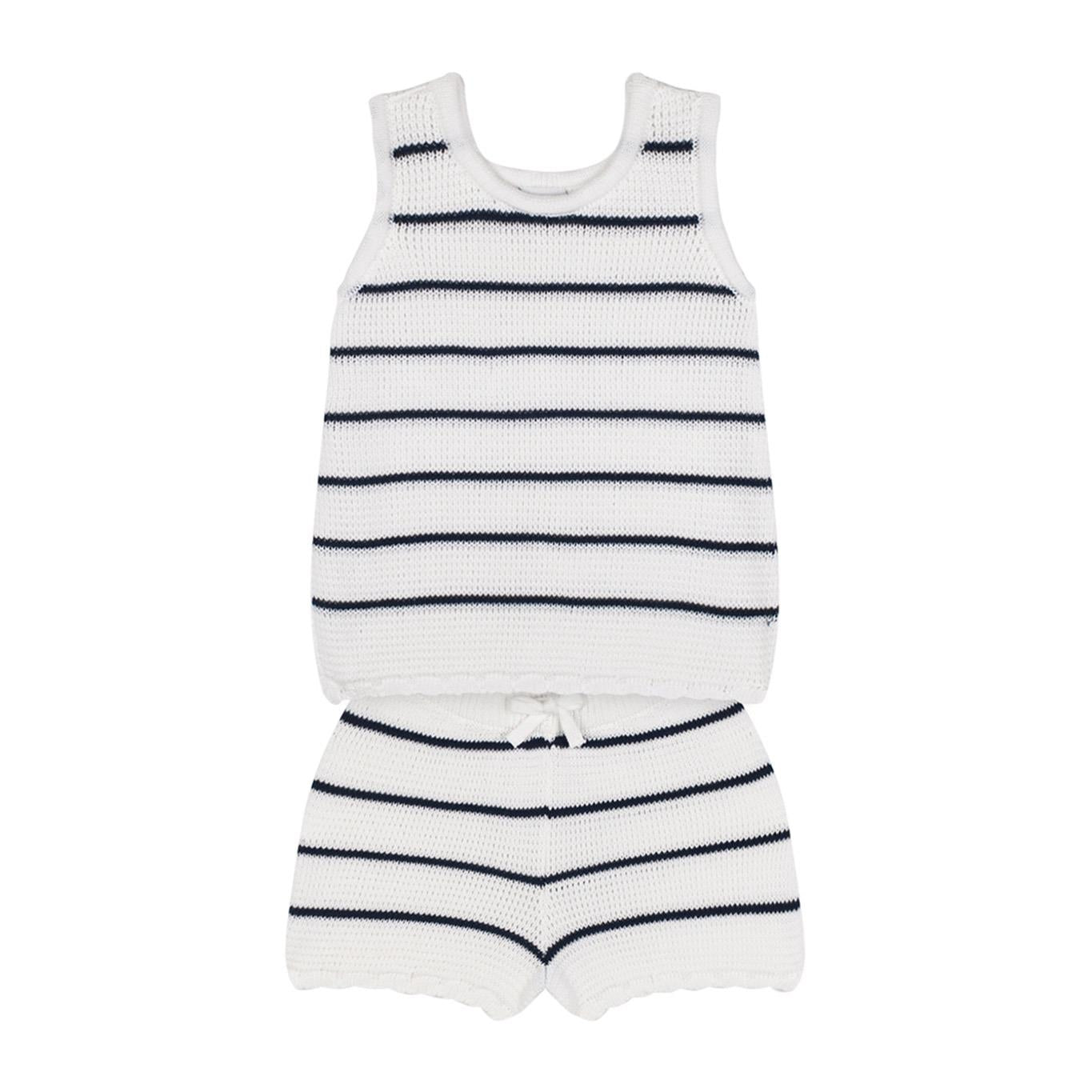 White Striped Knitwear Shorts Set