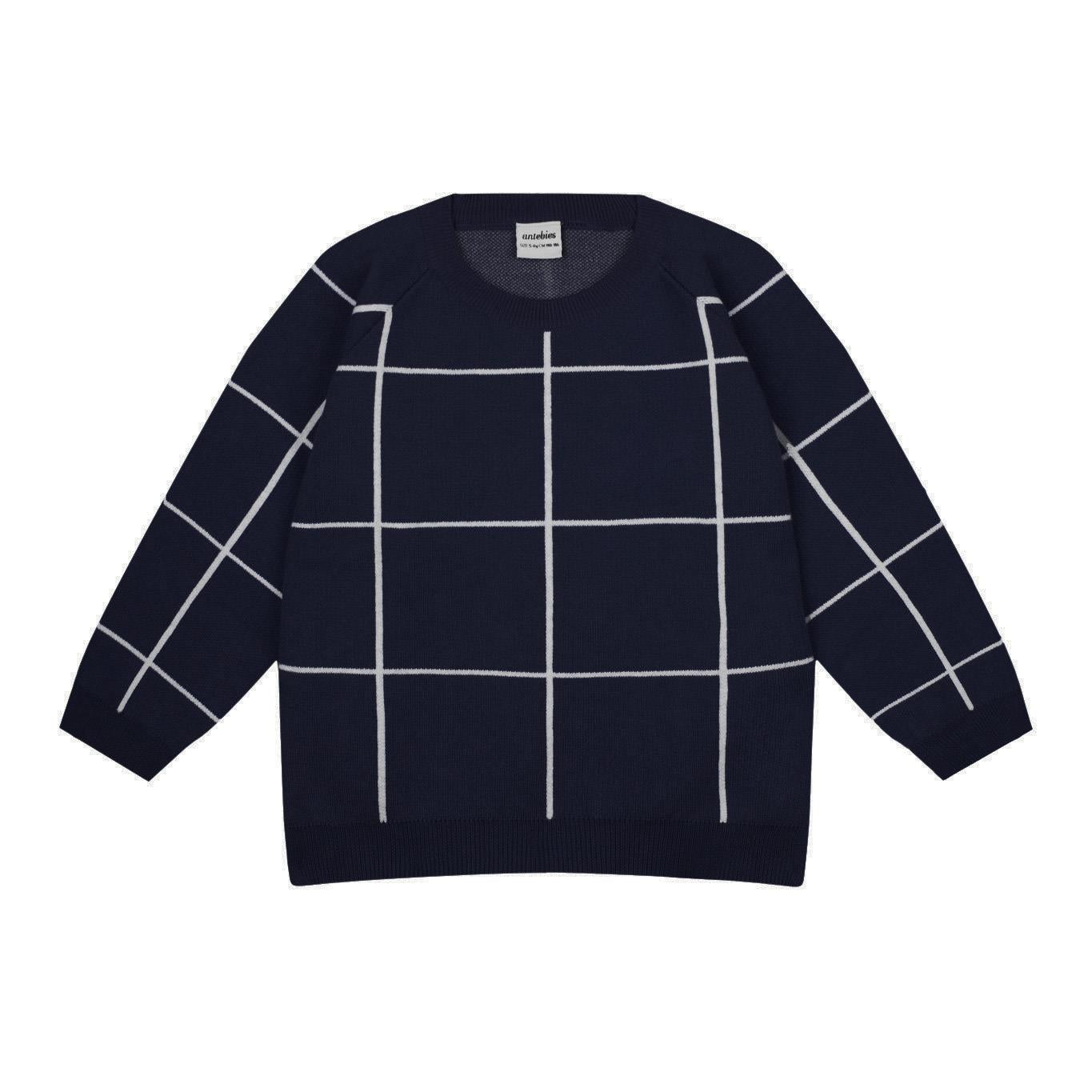 Navy Blue Sweater with White Plaid Pattern