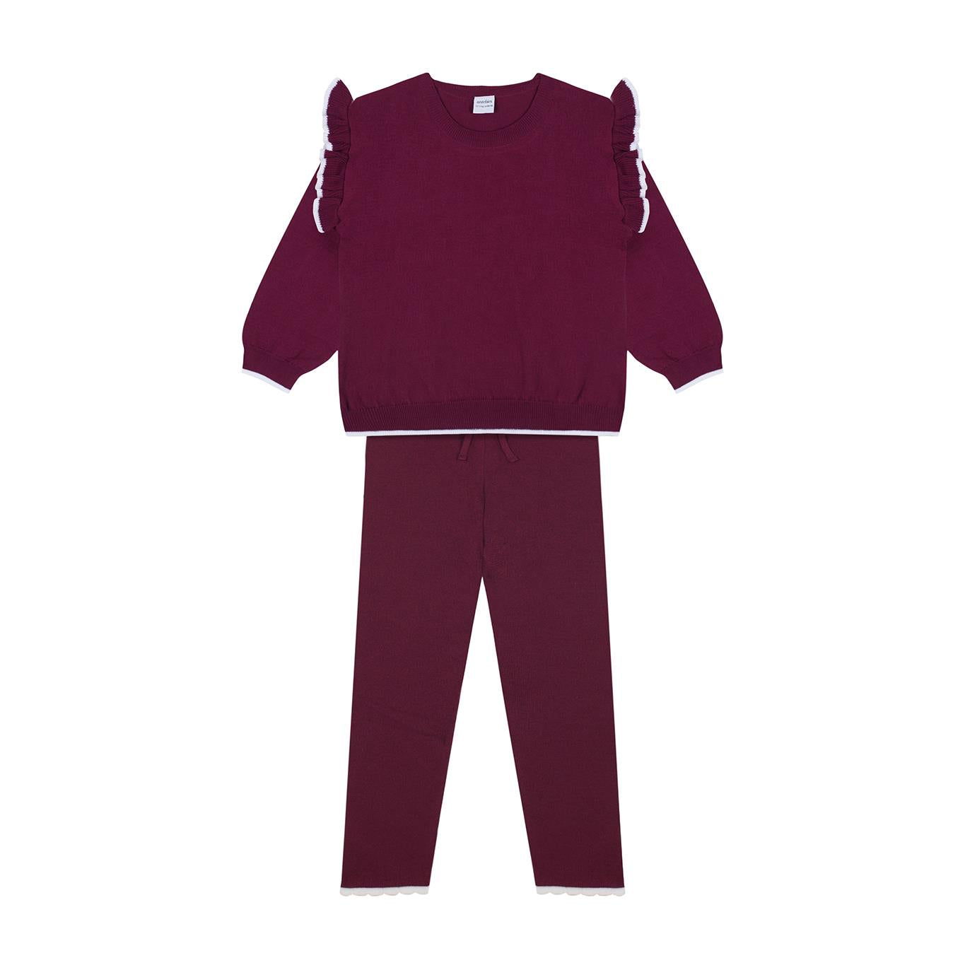 White Frilled Claret Red Knitwear Sweatshirt Tights Set