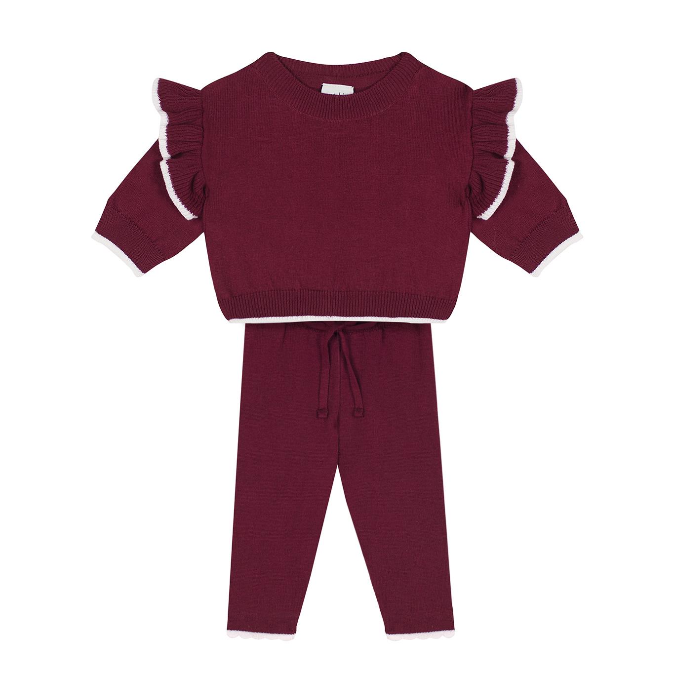 White Contrast Detailed Ruffled Claret Red Knitwear Baby