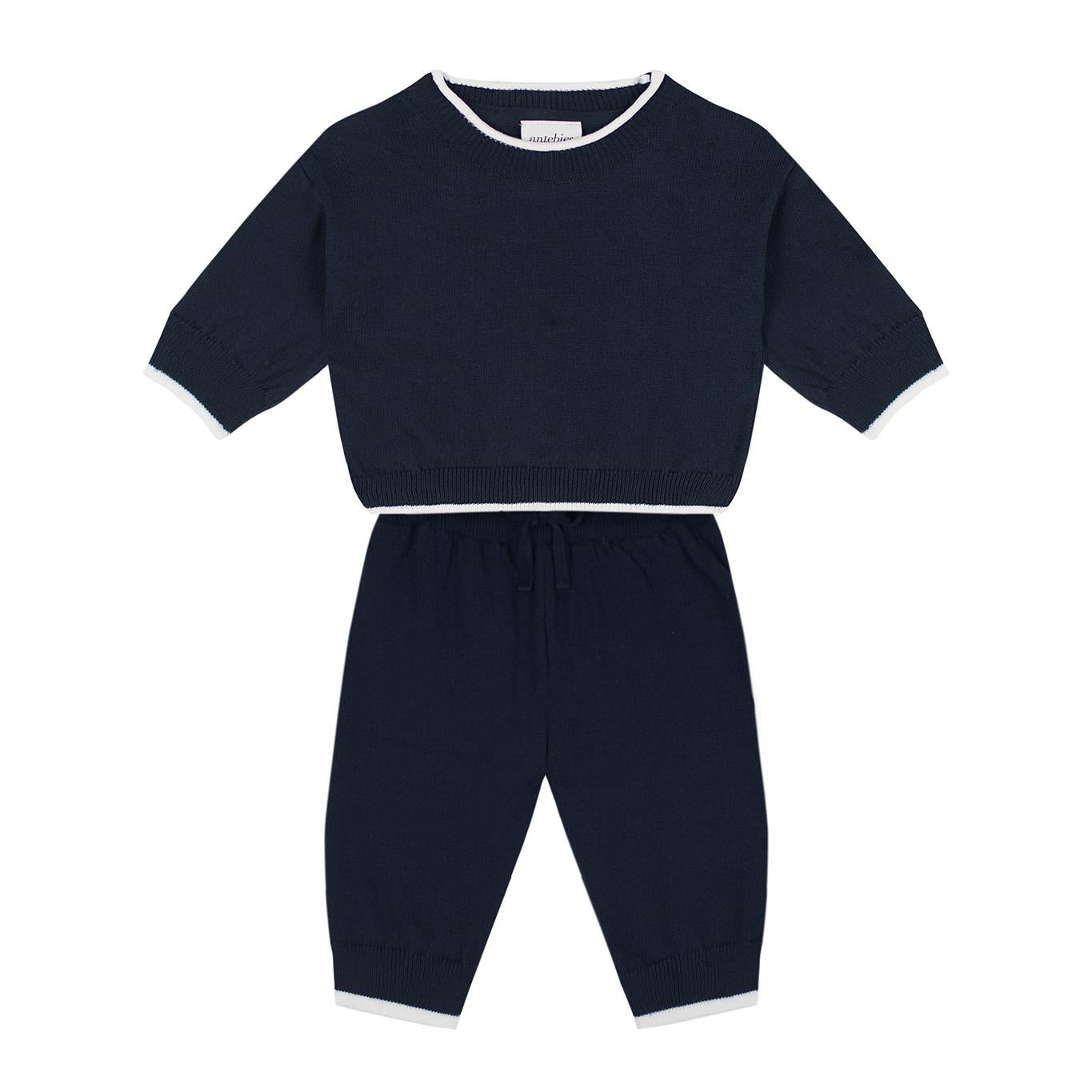 Navy Blue Knitwear Baby Set with White Contrast Detail