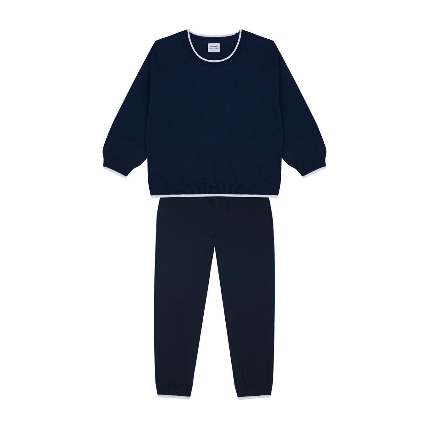 Navy Blue Knitwear Tracksuit Set with White Detail