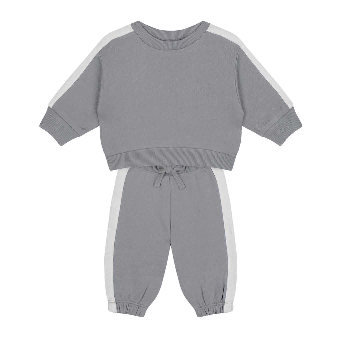 White Contrast Gray Sweatshirt and Trousers Set