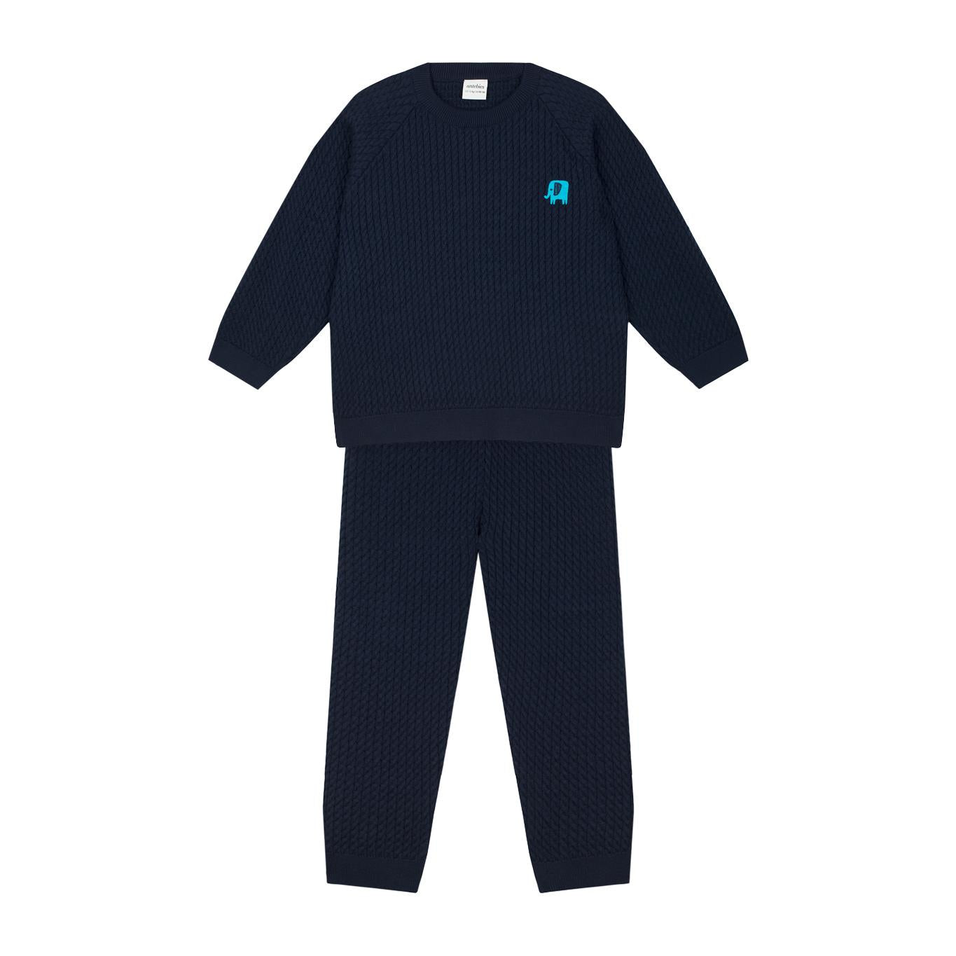 Navy Blue Herringbone Sweater and Trousers with Elephant Embroidery