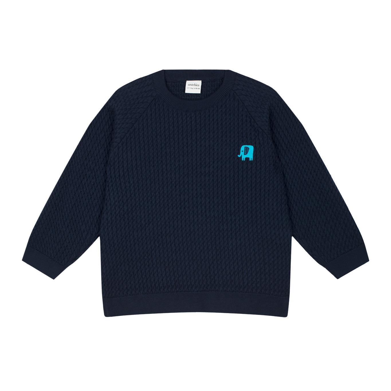 Navy Blue Herringbone Sweater and Trousers with Elephant Embroidery