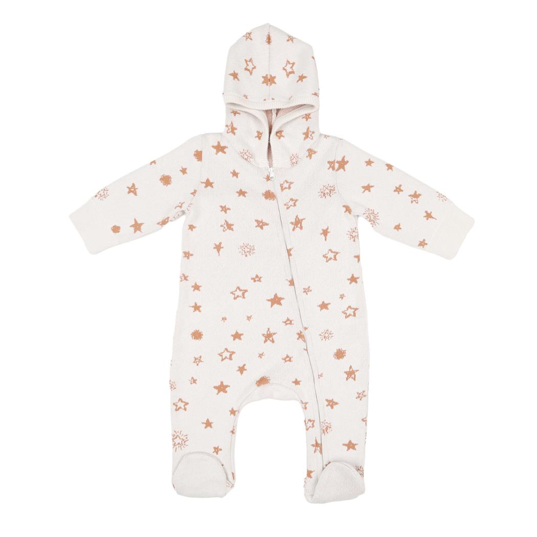 Hooded Patterned Organic Cotton Baby Knitted Overalls Cream
