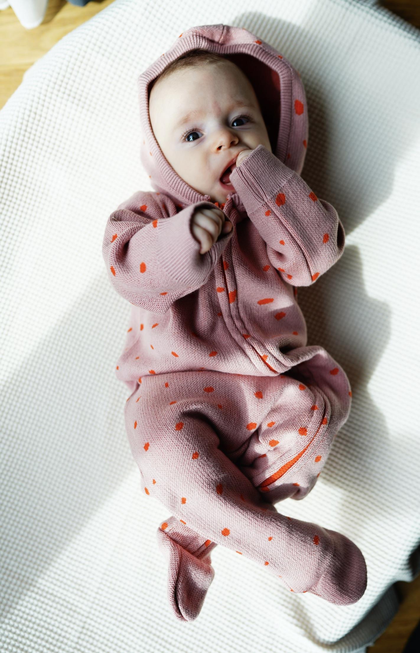 Hooded Patterned Organic Cotton Baby Knitted Jumpsuit Pink