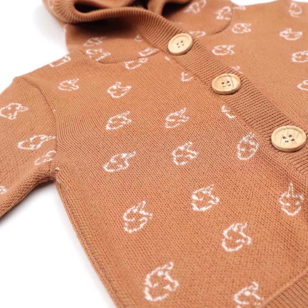 Hooded Patterned Organic Cotton Baby and Child Cardigan Brown