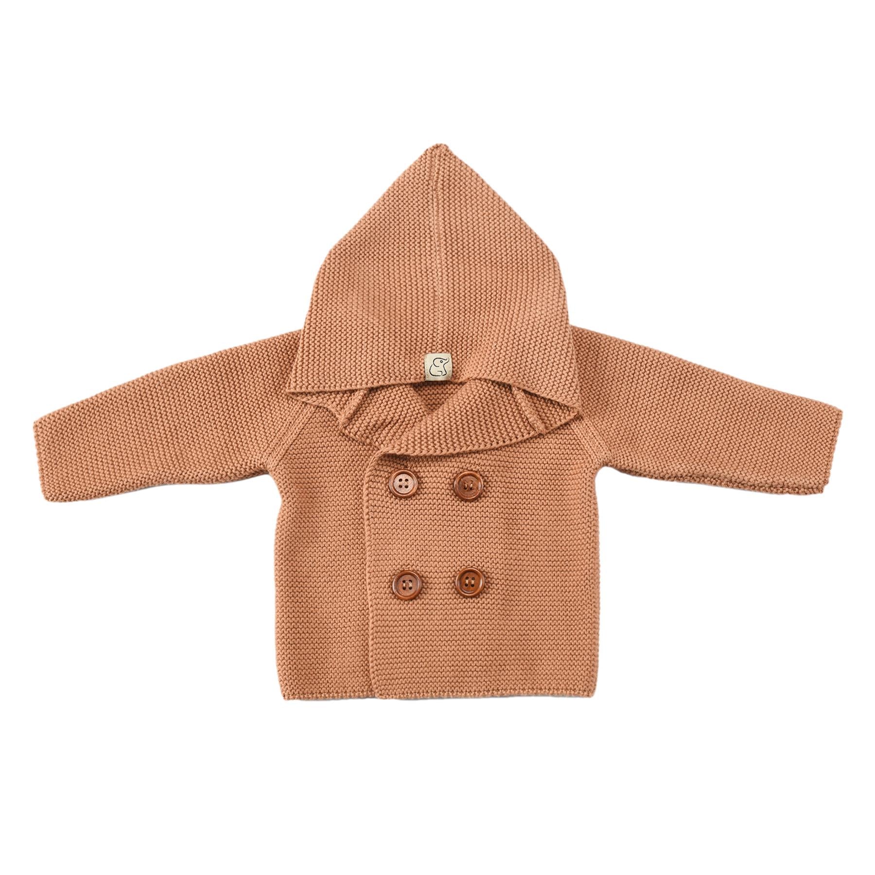 Double Breasted Hooded Organic Cotton Baby and Child Cardigan Brown