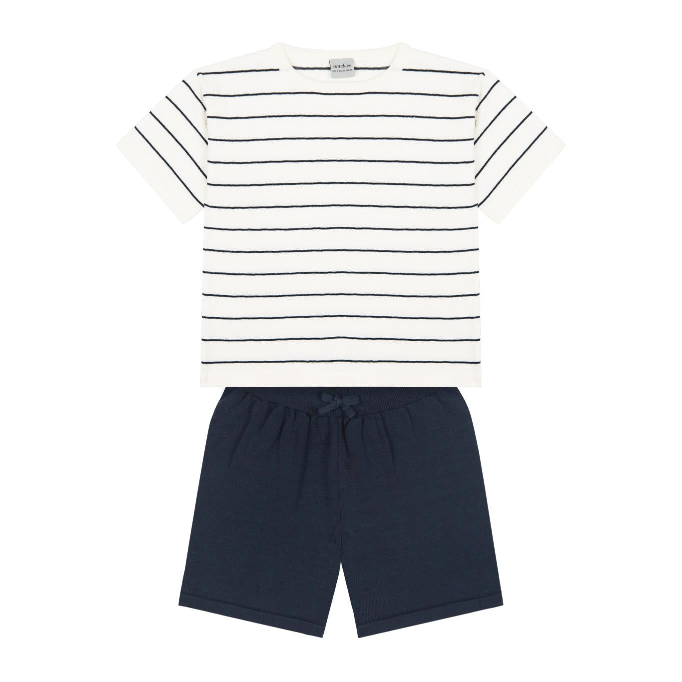 Navy Blue Striped Knitwear Shorts Set