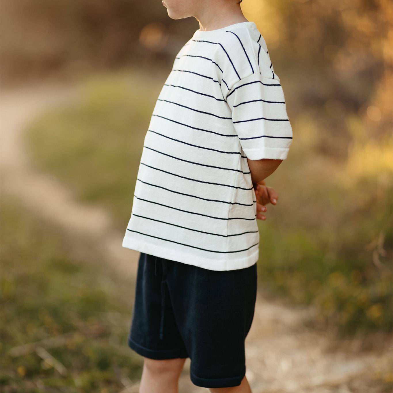 Navy Blue Striped Knitwear Shorts Set