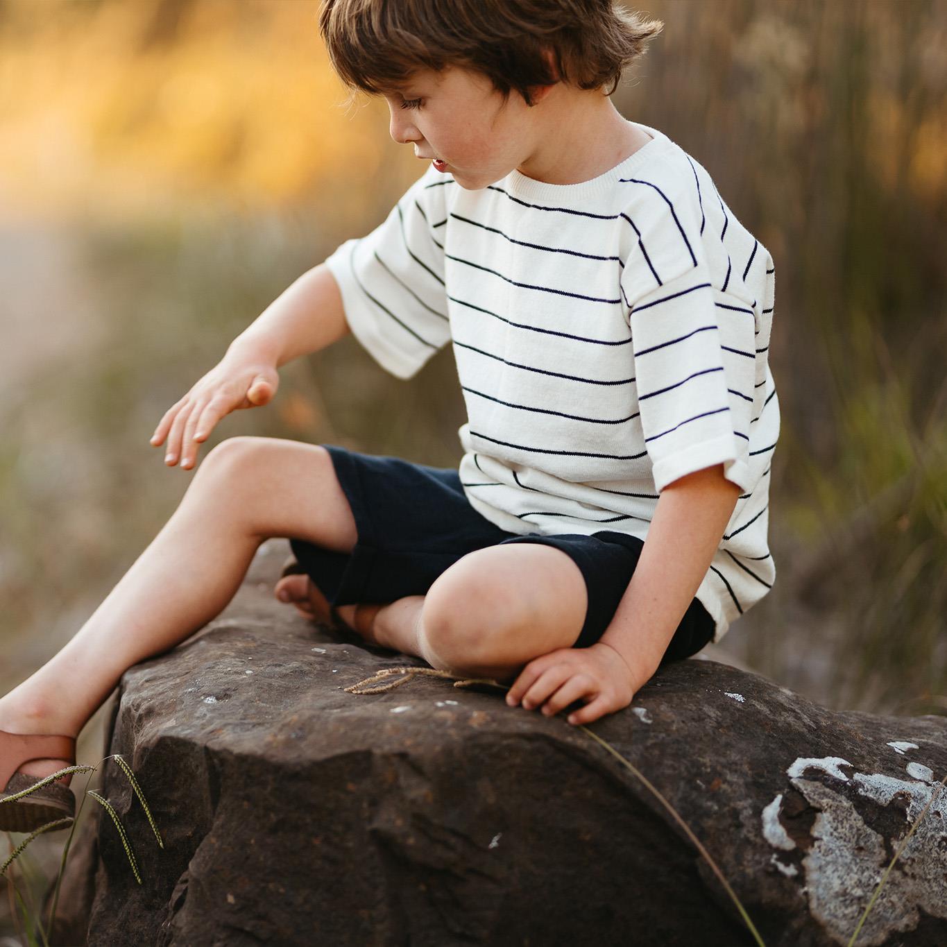 Navy Blue Striped Knitwear Shorts Set