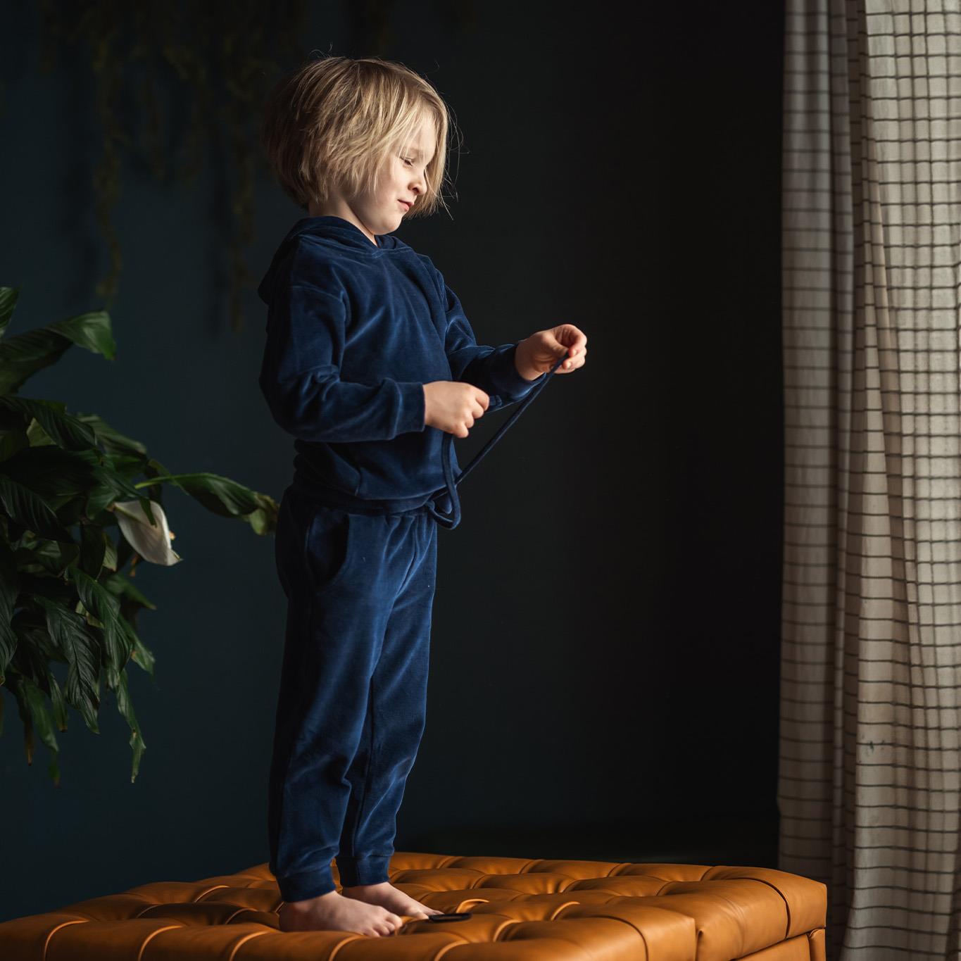 Navy Blue Velvet Hooded Tracksuit Set