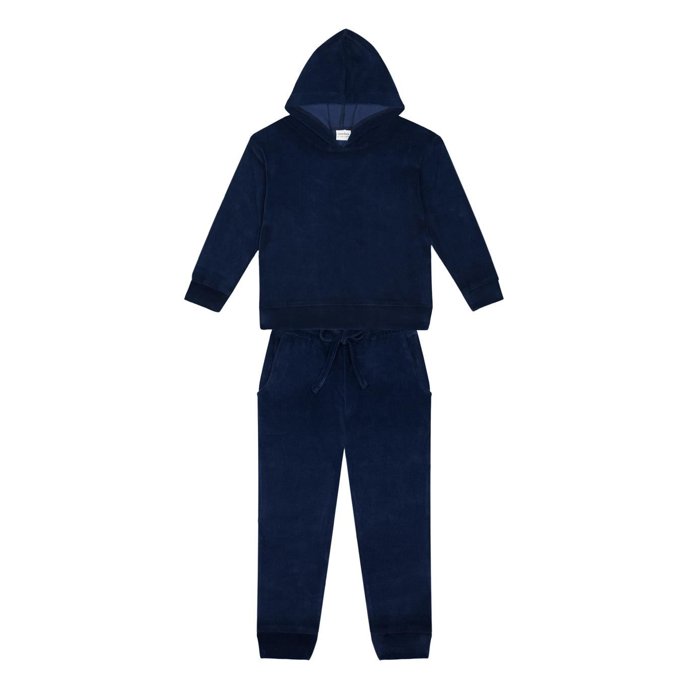 Navy Blue Velvet Hooded Tracksuit Set