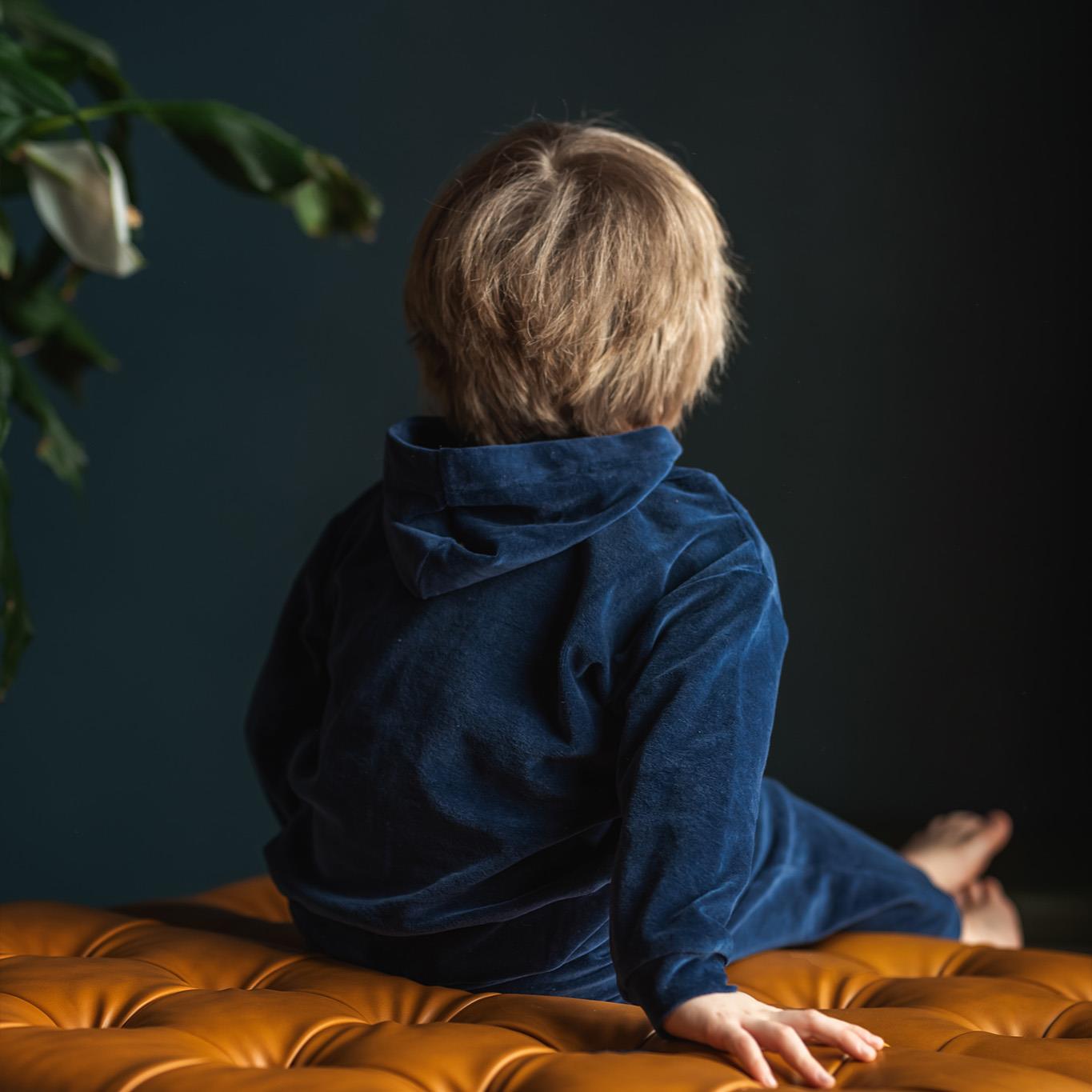 Navy Blue Velvet Hooded Tracksuit Set