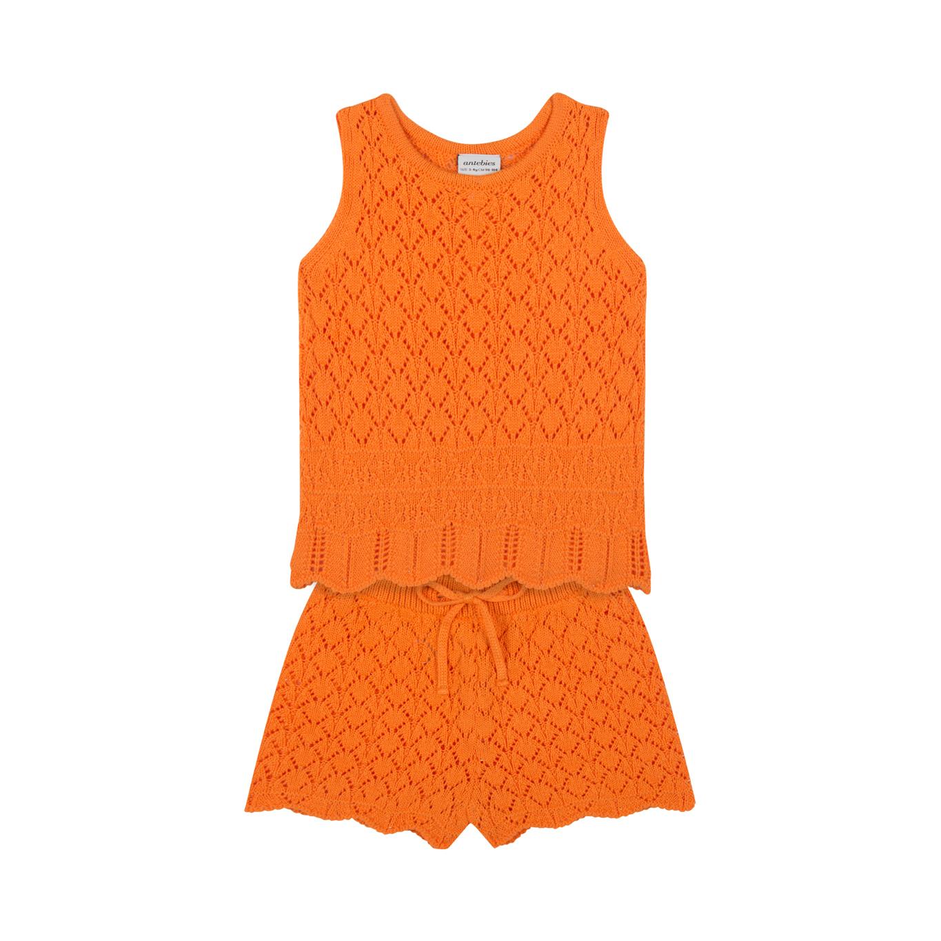 Orange Jacquard Knitwear Shorts Set