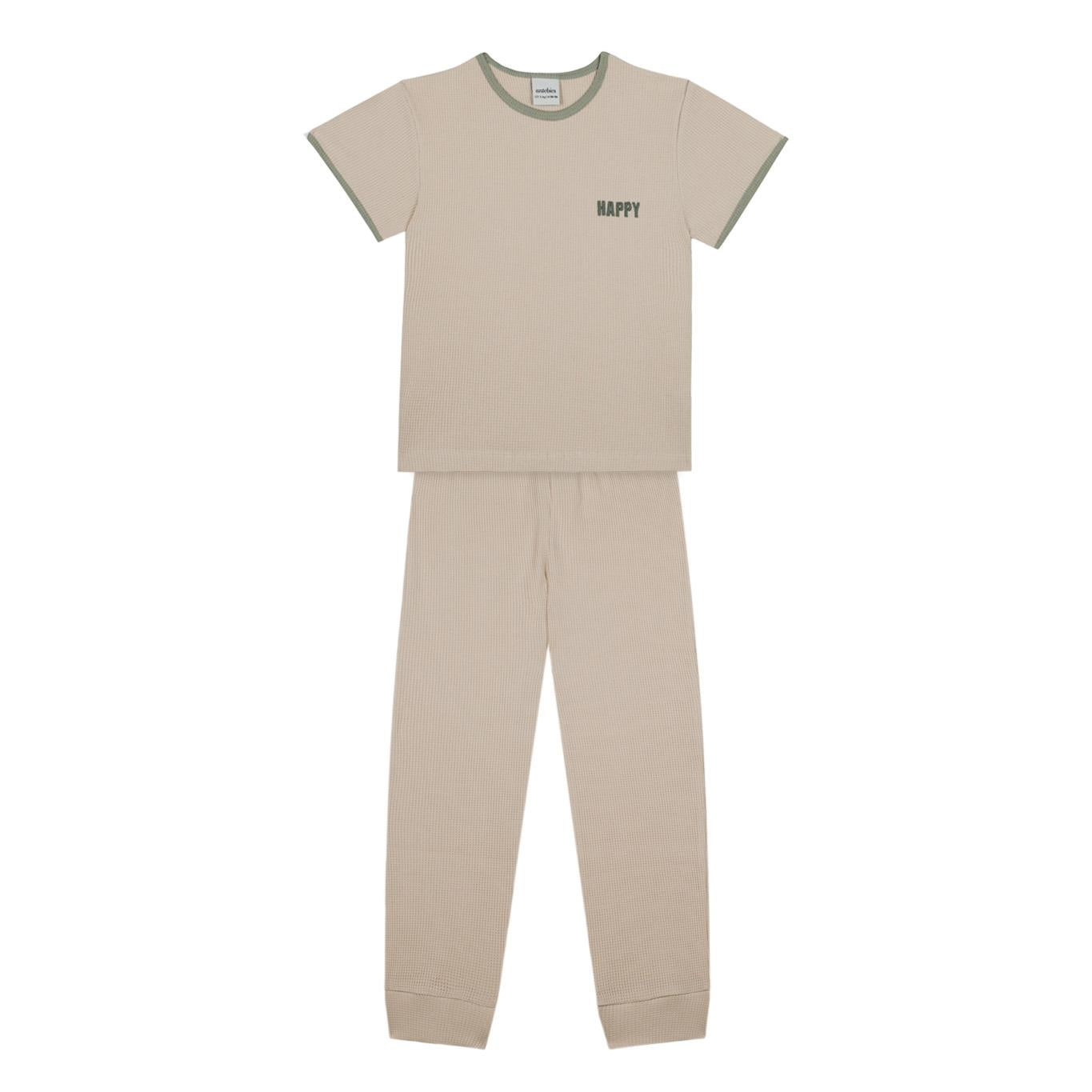 Beige Waffle Short Sleeve Pajamas with Green Detail