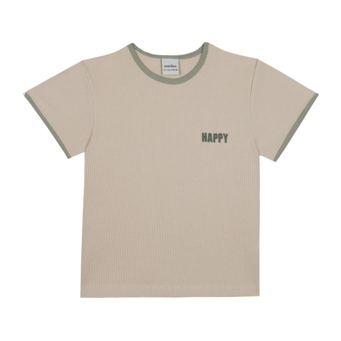 Beige Waffle Short Sleeve Pajamas with Green Detail