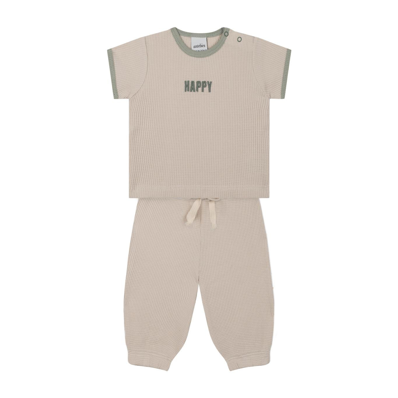 Beige Waffle Short Sleeve Set with Green Detail