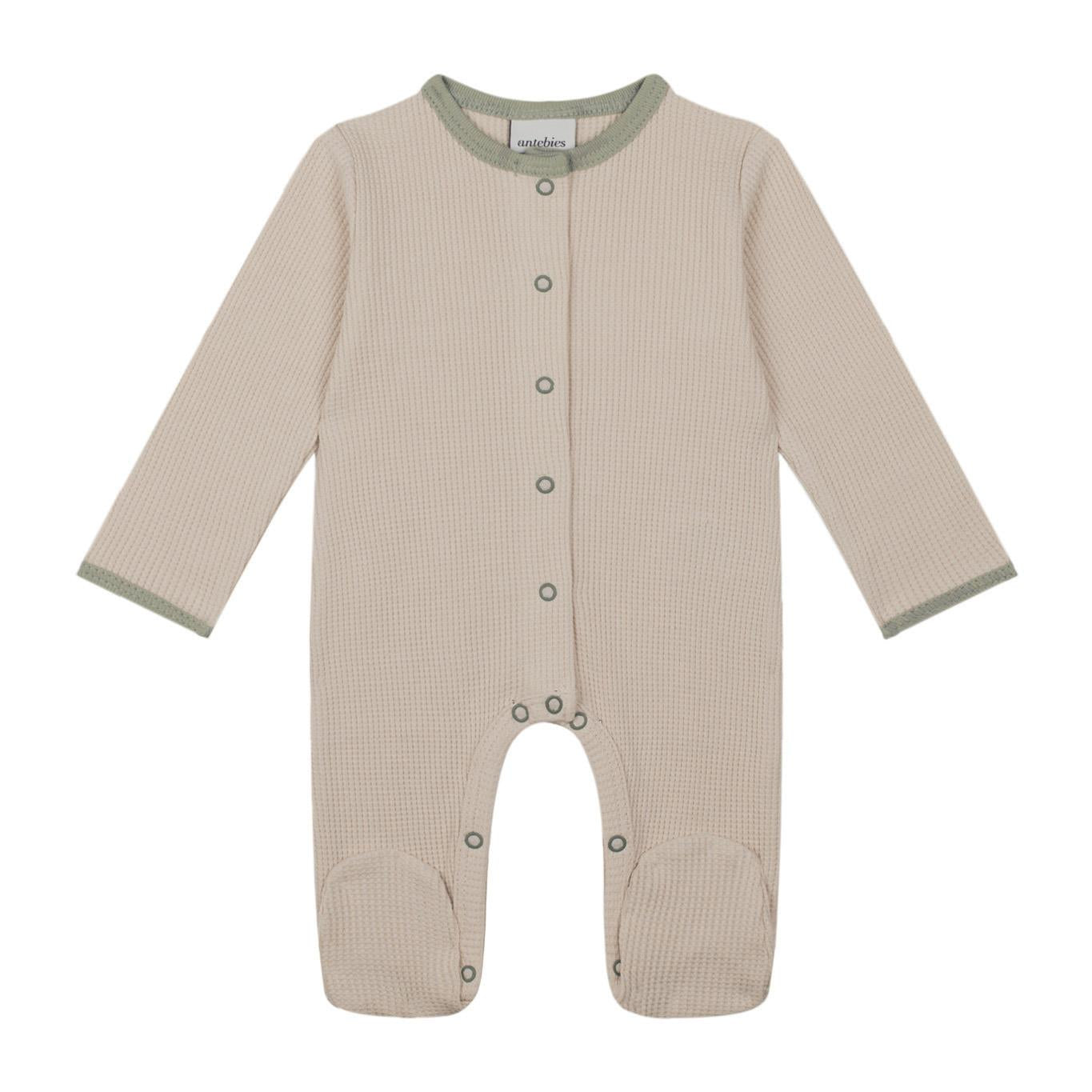 Beige Waffle Jumpsuit with Green Detail